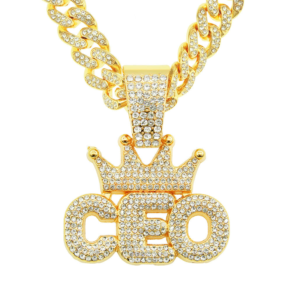 European Hip Hop Full Diamond Crown Letters Pendant Cuban Necklace