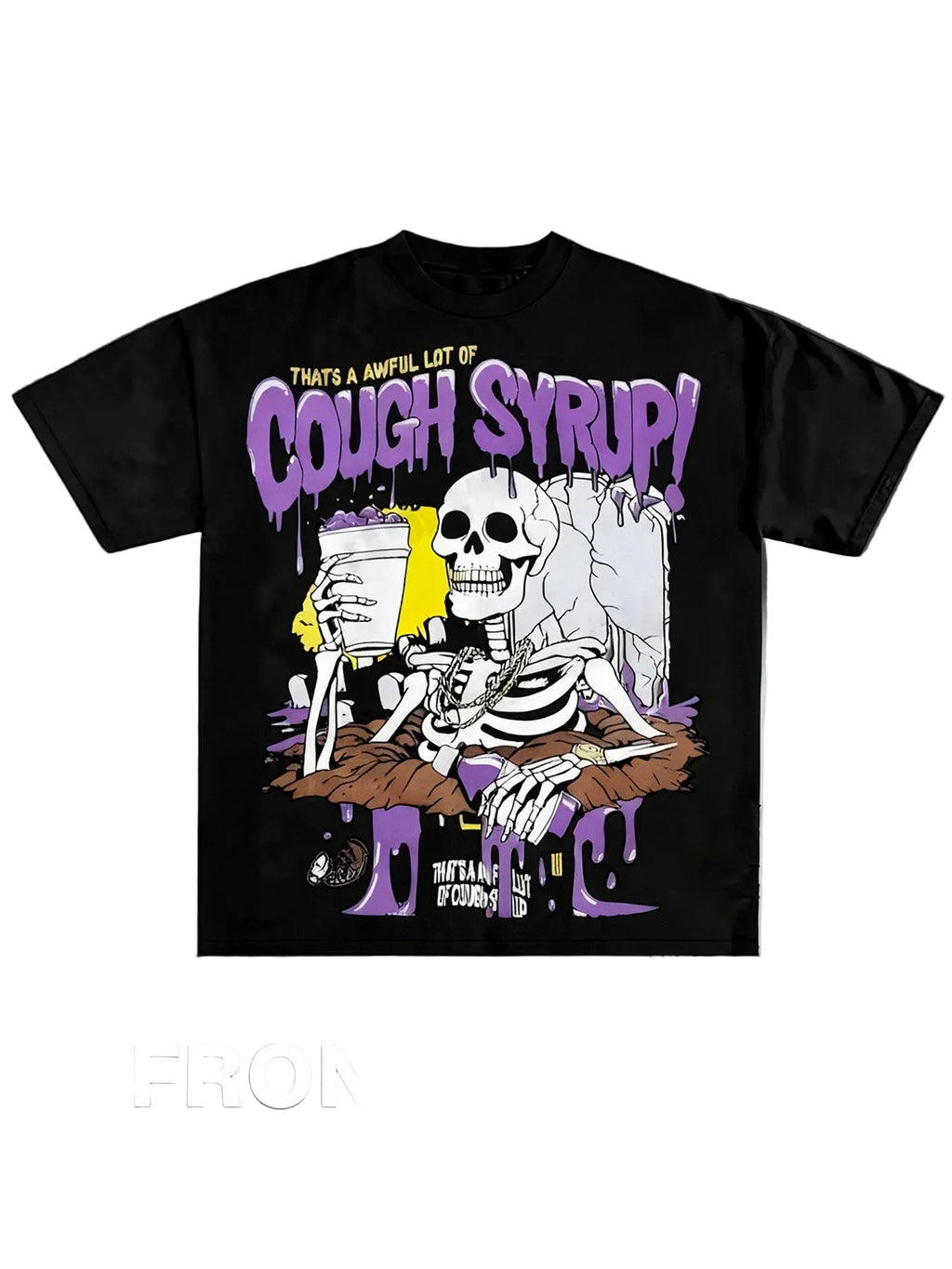 Black t-shirt with a skeleton design and text on a gray background