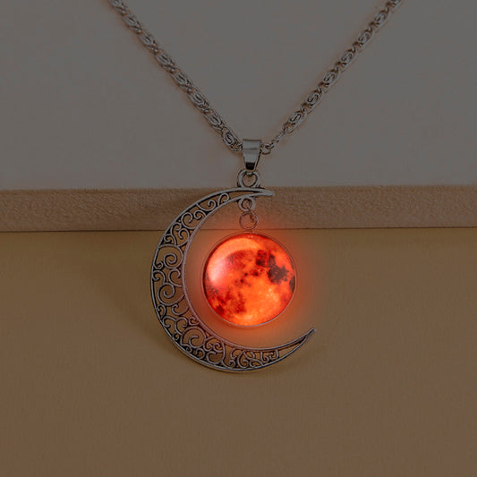 Vintage Galaxy Planet Mars Luminous Necklace Handmade Glowing Red Glass Charm Moon Pendant Necklaces For Women Girls