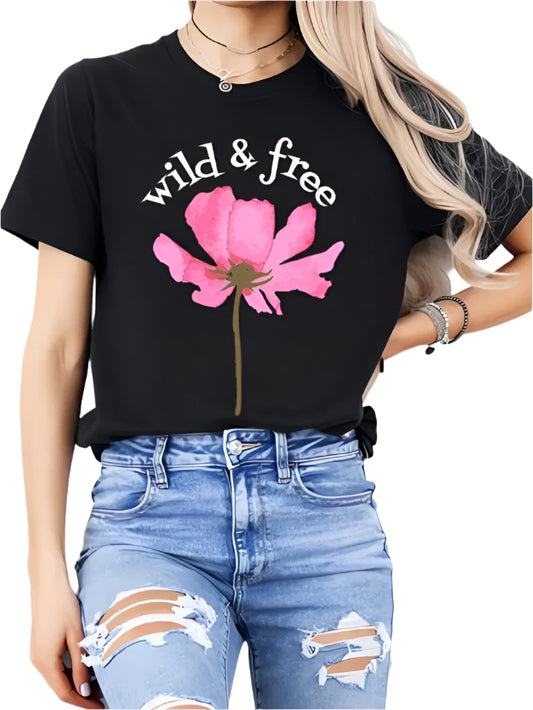 WILD FREE Ladies' Casual Loose Short Sleeves, T-shirts, Basic Tops, Unique Rest, Holiday Gifts Are Preferred, Suitable For Women's Wear In Spring And Summer, Teenagers And Girls