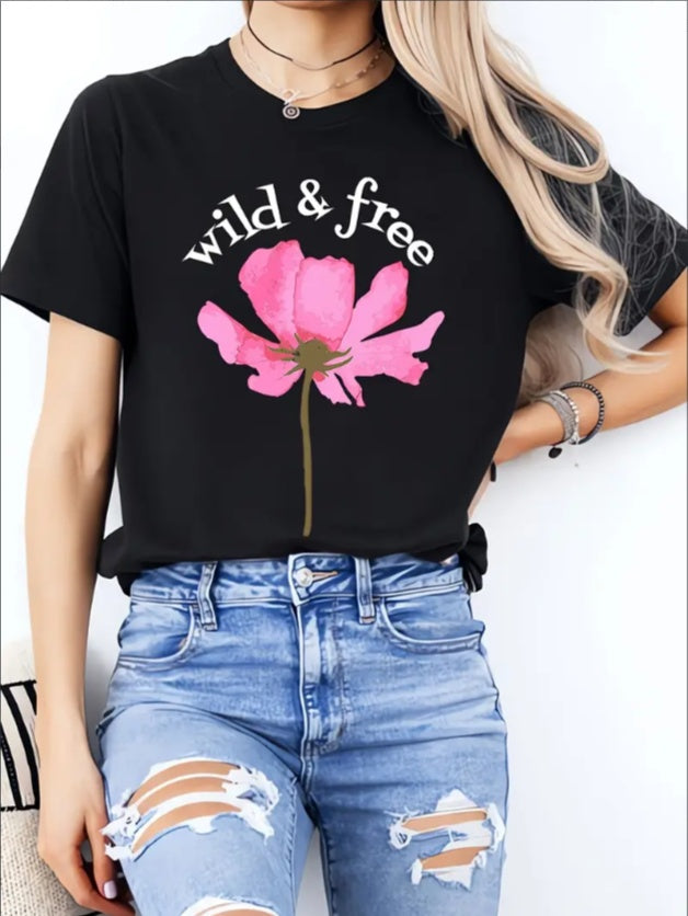 WILD FREE Ladies' Casual Loose Short Sleeves, T-shirts, Basic Tops, Unique Rest, Holiday Gifts Are Preferred, Suitable For Women's Wear In Spring And Summer, Teenagers And Girls