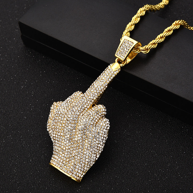 Personalized Vertical Middle Finger Hip Hop Pendant Full Rhinestone Necklace