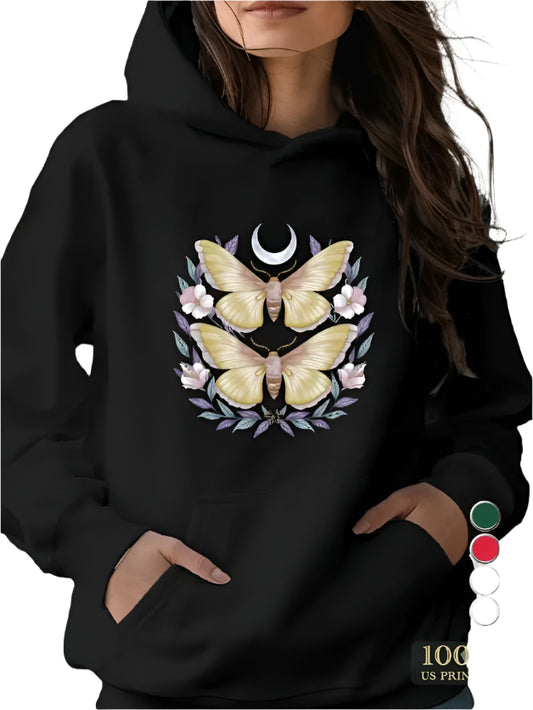 Women's Casual Hoodie With Geometric Butterfly & Moon Print - Long Sleeve, Kangaroo Pocket Machine Washable - Cozy Fall Winter Fashion Pullover Sweatshirt