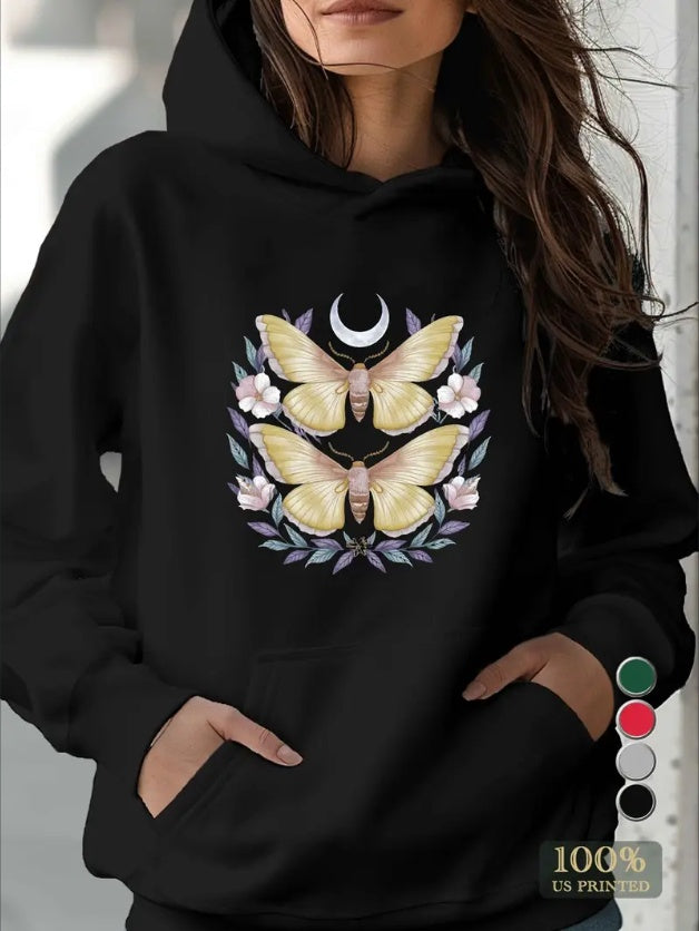 Women's Casual Hoodie With Geometric Butterfly & Moon Print - Long Sleeve, Kangaroo Pocket Machine Washable - Cozy Fall Winter Fashion Pullover Sweatshirt