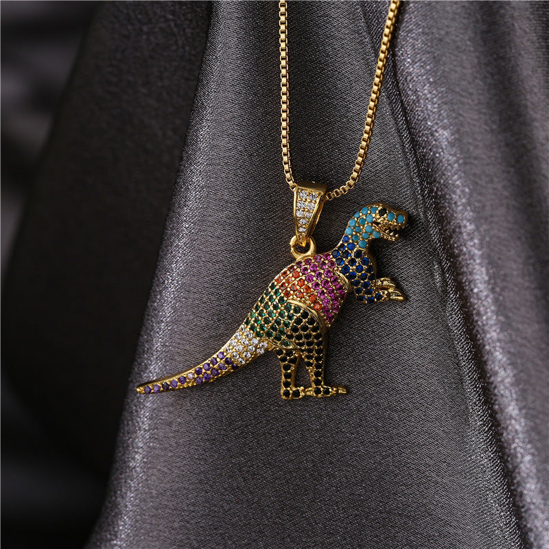 Hip Hop Bronze Micro-inlaid Zirconium Dinosaur Pendant Necklace