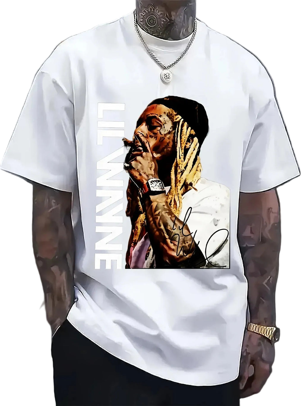 White t-shirt with a graphic of a person with tattoos and text on a plain background