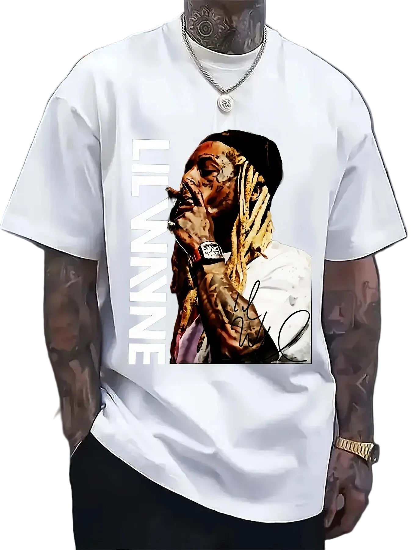 White t-shirt with a graphic of a person with tattoos and text on a plain background
