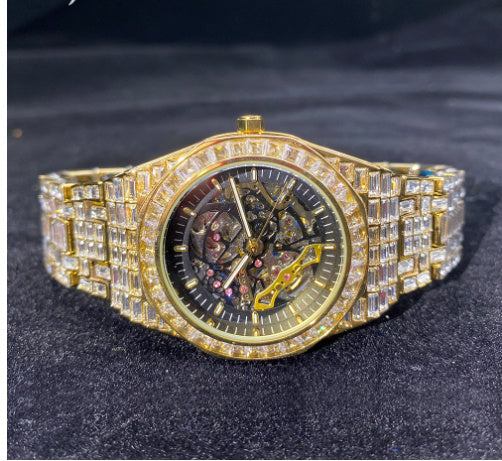 Hip Hop Full Square Diamond Luminous Hollow Mechanical Watch