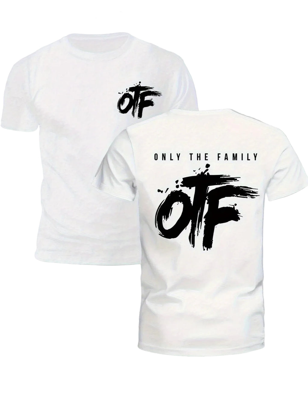 White t-shirt with black text 'OFF' and 'Only the Family' on a gray background