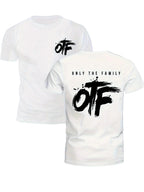White t-shirt with black text 'OFF' and 'Only the Family' on a gray background