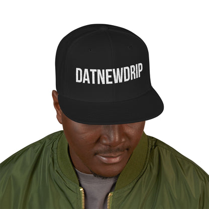 DatNewDrip black white letter hip hop snapback hat worn by man with green jacket
