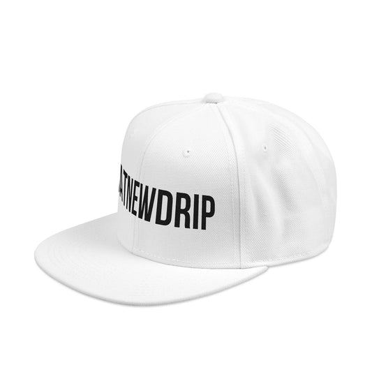 DatNewDrip white snapback hip-hop style hat with black logo embroidery on front panel