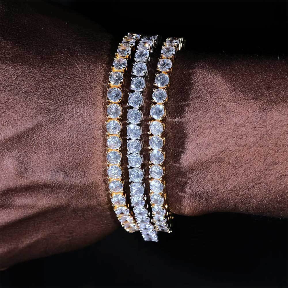 European Hip Hop Diamond Spring Fastener Tennis Chain Zircon Men's Necklace Bracelet Jewelry