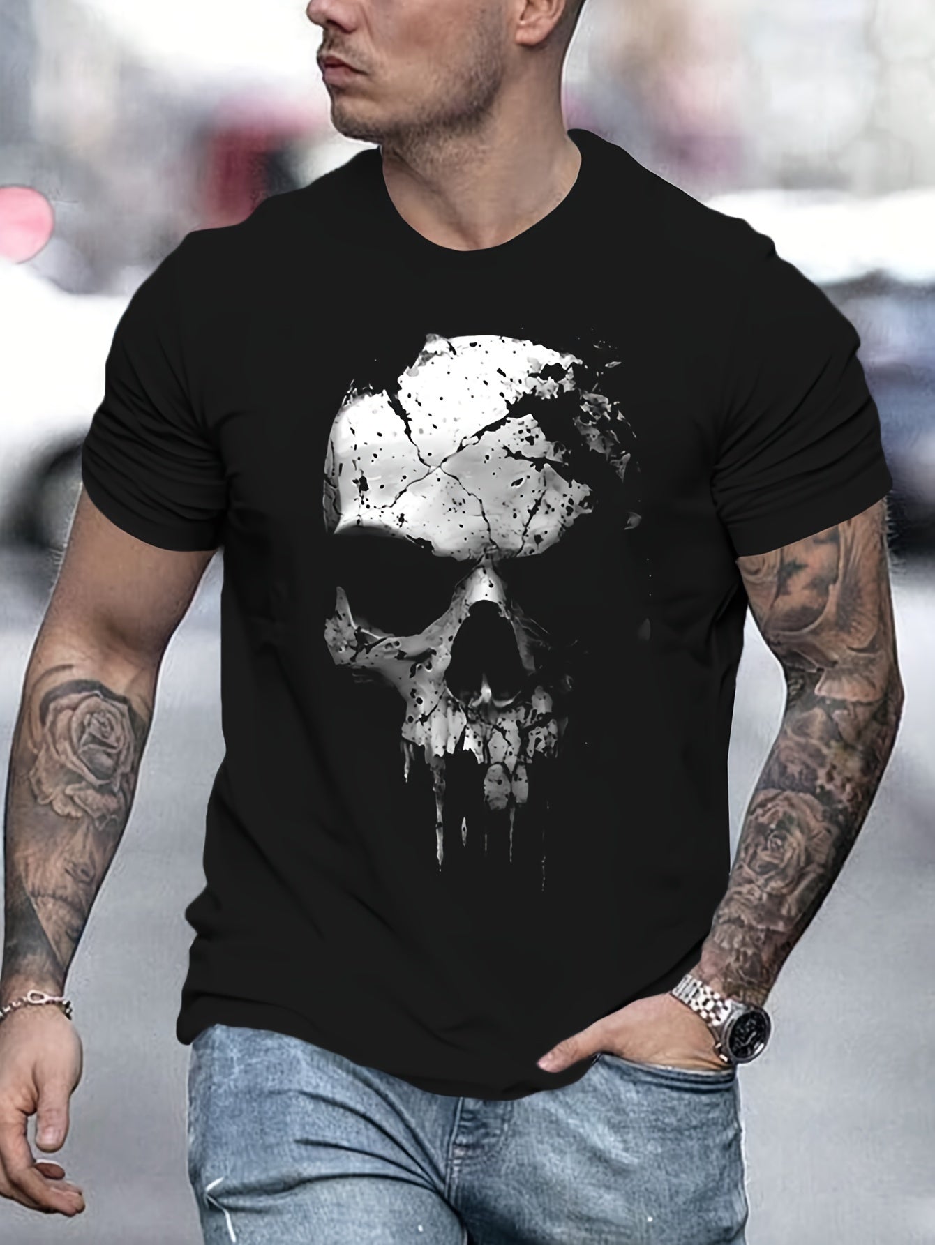 A Novel And Cool Top For Men To Wear Outdoors In Summer, Featuring A 3D Digital Shattered Skull Pattern And A Round Neck Short Sleeved T-shirt