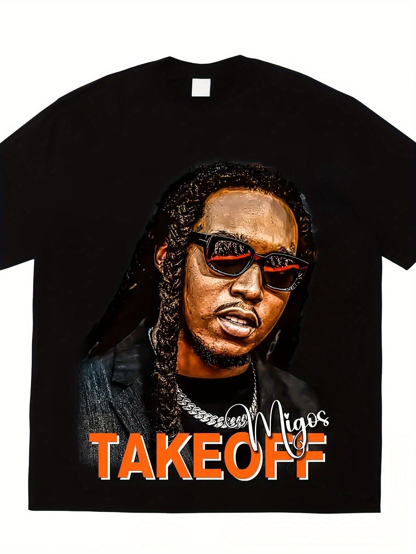 Black t-shirt with a graphic of a person wearing sunglasses and text 'Migos Takeoff' on a white background