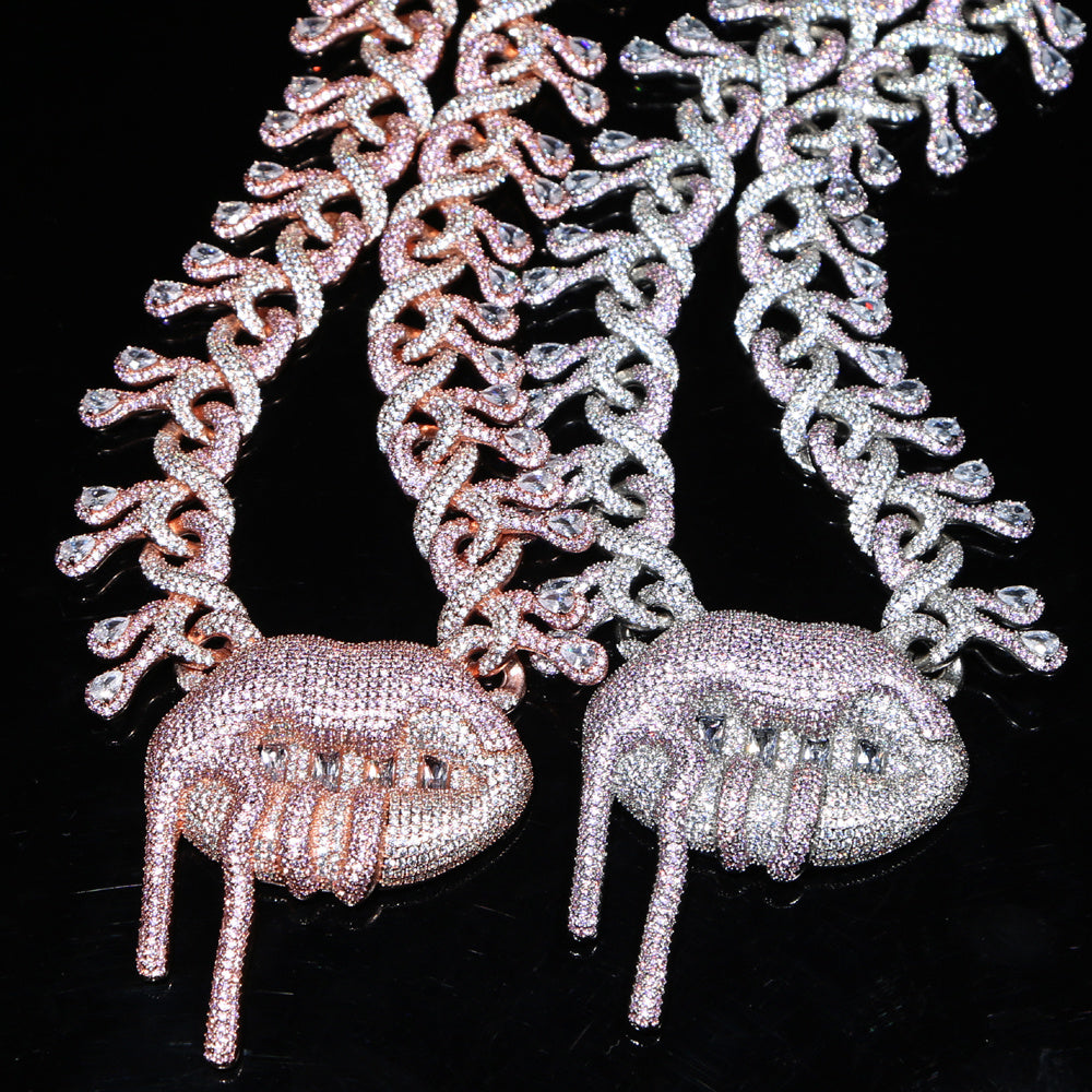 DatNewDrip Drooling Lips Necklace in rose gold and silver with dripping lip pendant and decorative chain