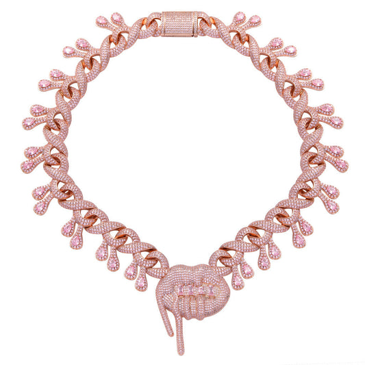 DatNewDrip rose gold Drooling Lips Necklace with pink crystal accents and unique dripping design