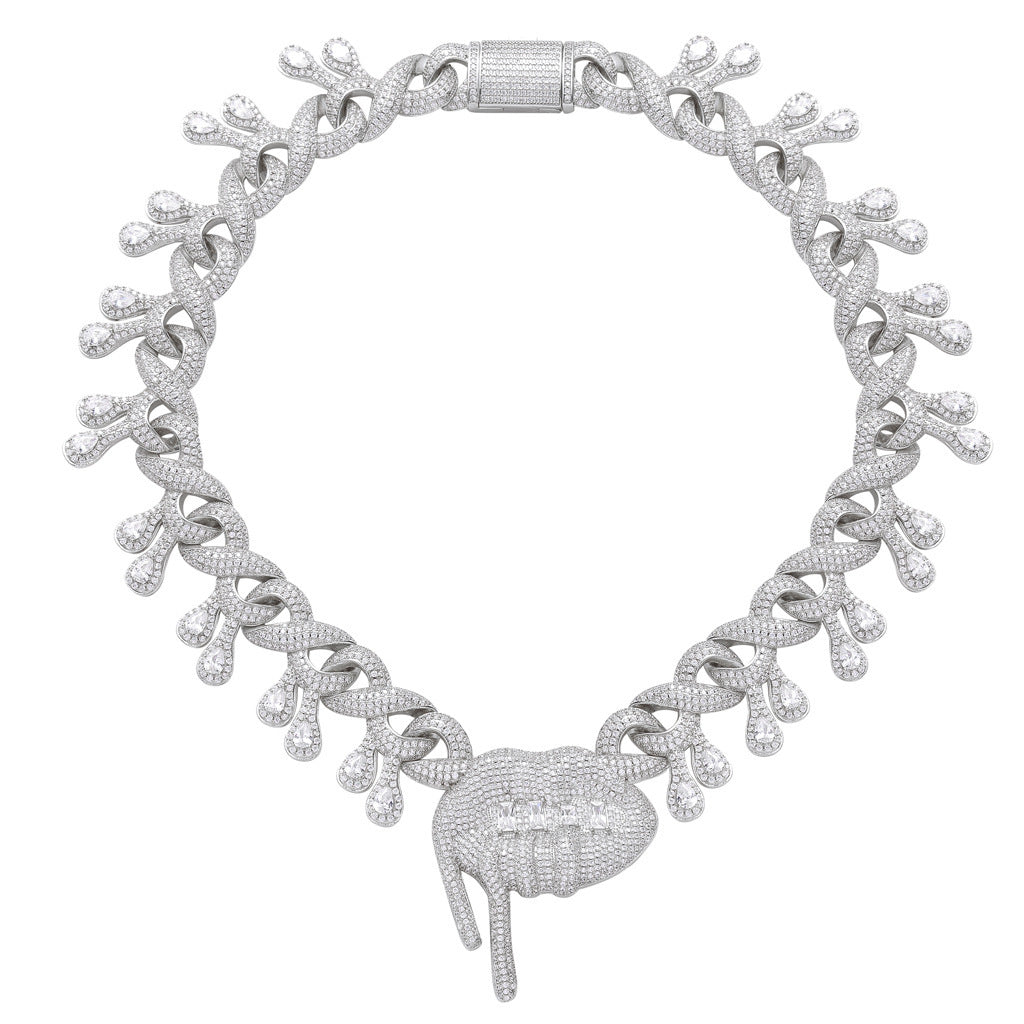 DatNewDrip Drooling Lips Necklace silver chain with dripping lip pendant encrusted with clear stones