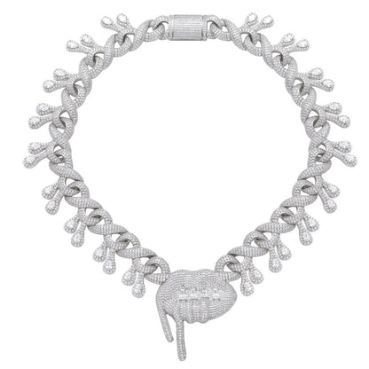 DatNewDrip Drooling Lips Necklace silver chain with dripping lip pendant encrusted with clear stones