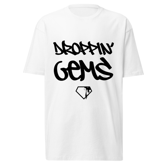 White DATNEWDRIP droppin gems graphic tee featuring bold black lettering and a diamond graphic