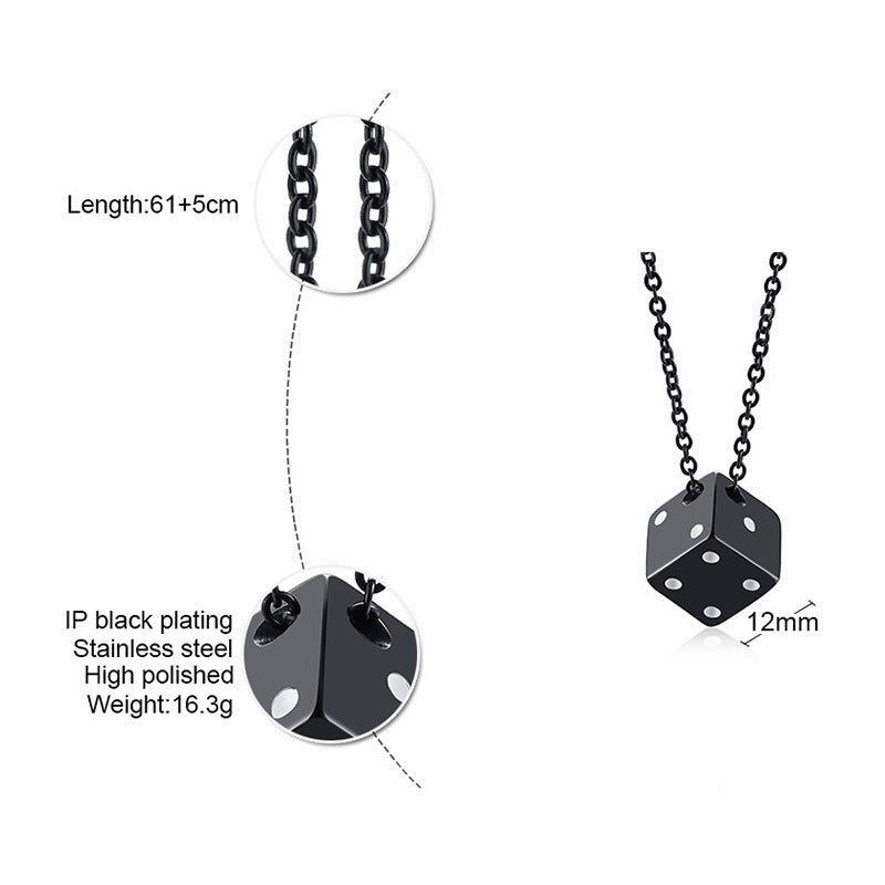 Stainless Steel Dice Pendant Men's Necklace Steel Color Black Hip Hop Jewelry