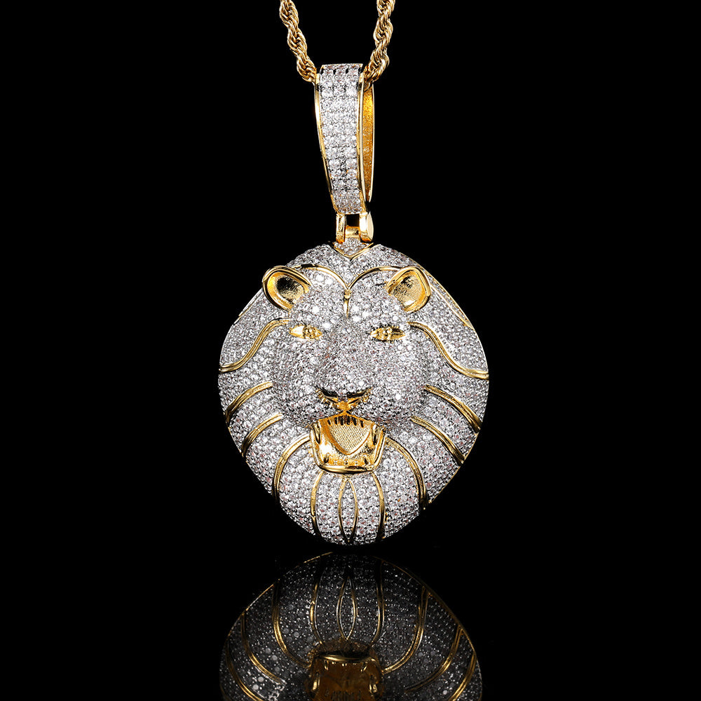 Hip Hop Micro-Set Zircon Solid Lion Head Pendant Real Gold Plating Necklace