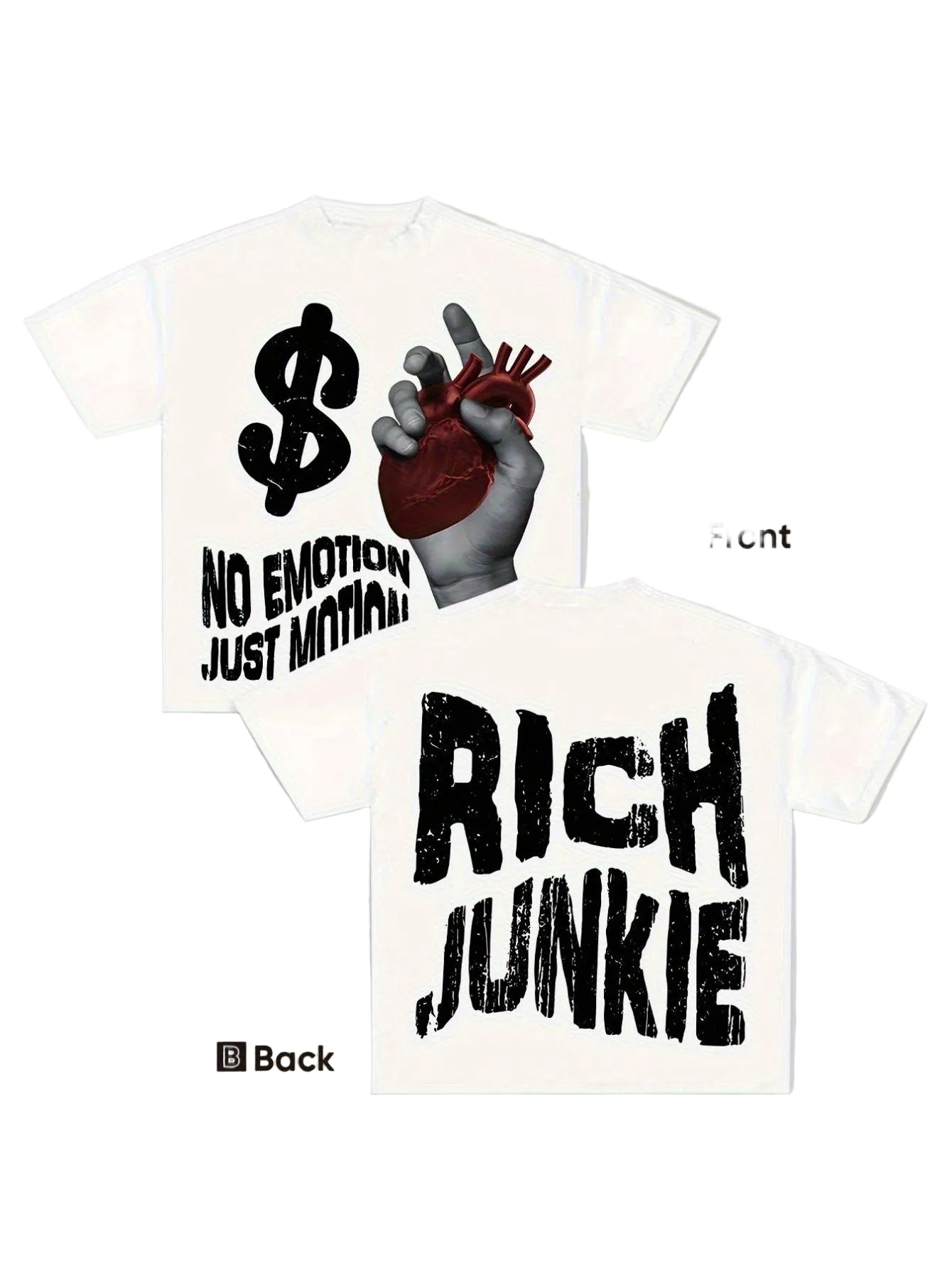 White t-shirt with graphic design and text on a light gray background