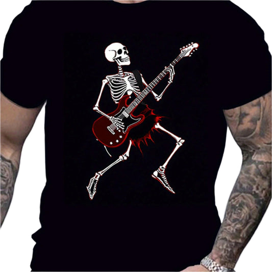 Men's Skull Guitar Patterned Round Neck T-shirt, Summer Casual Streetwear, Casual And Halloween Party Wear