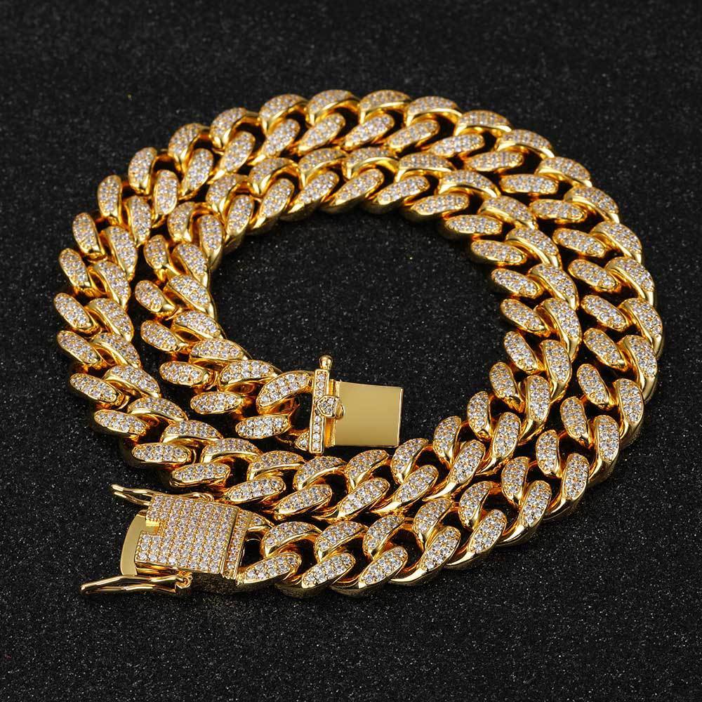 Hip Hop Jewelry 12mm Full Diamond Cuban Chain Real Gold Plating