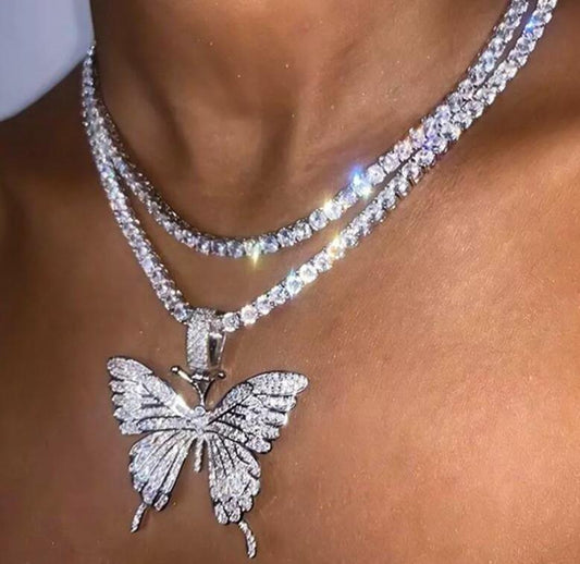 Explosive Rhinestone Butterfly Pendant Necklace Hip-hop Jewelry Tennis Choker Cuban Butterfly Necklace