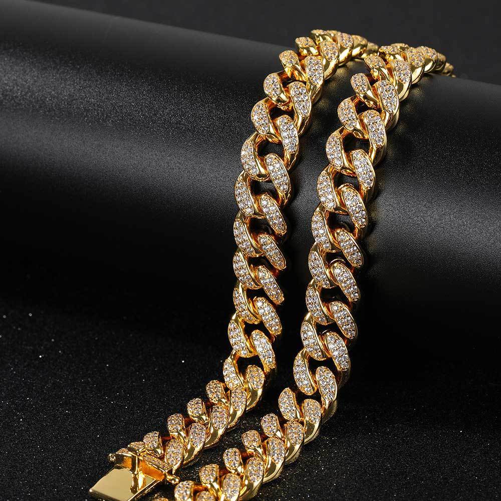 Hip Hop Jewelry 12mm Full Diamond Cuban Chain Real Gold Plating