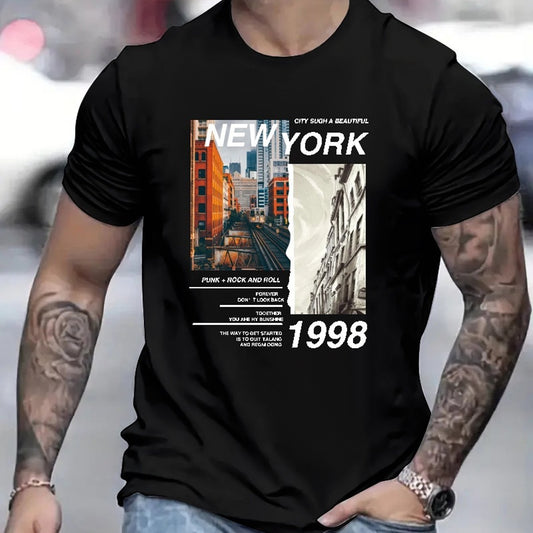 NEW YORK Printed Men's Short Sleeve T-shirt, Comfortable, Casual, Breathable Top, Suitable For Men's Fitness Training, Jogging, Outdoor Activities In Spring And Summer