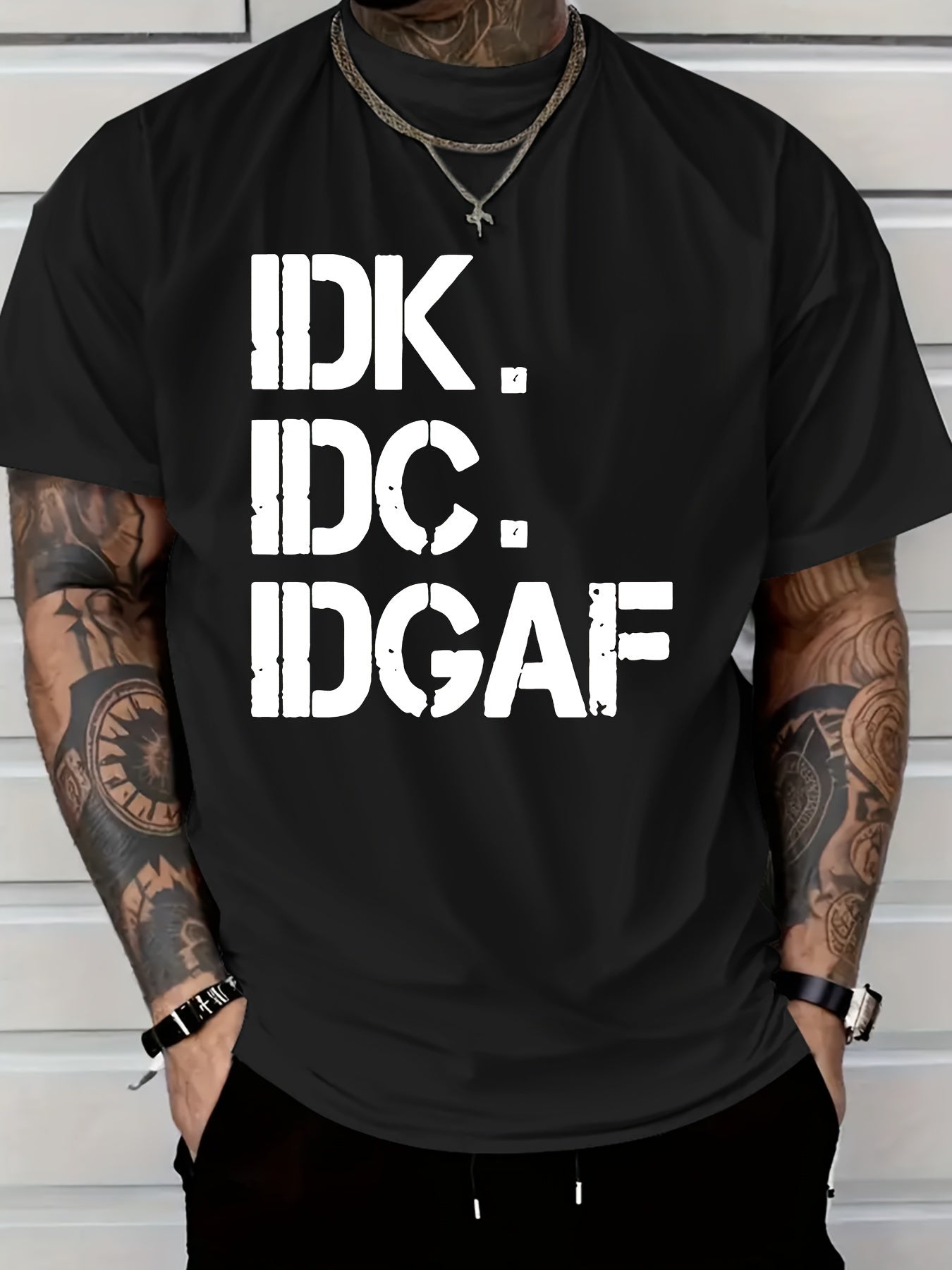 IDK IDC IDGAF Printed Men's Short Sleeved Casual T-shirt, Round Neck T-shirt, Summer Outdoor Daily Wear