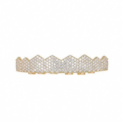 Gold pave diamond iced out flat tooth grillz with crown zigzag design for top teeth