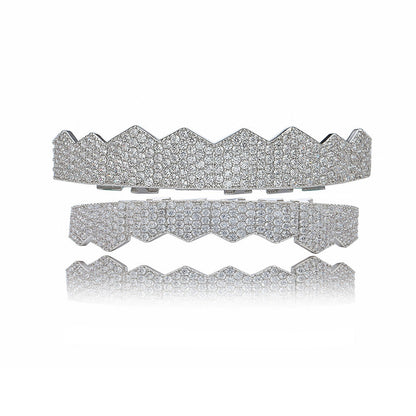 iced out flat tooth grillz silver set with full crystal pave coverage and zigzag top and bottom design