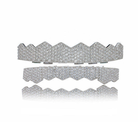 iced out flat tooth grillz silver set with full crystal pave coverage and zigzag top and bottom design