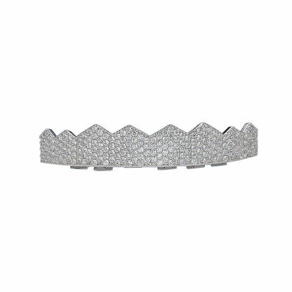iced out flat tooth grillz silver diamond encrusted full upper set with jagged crown top for bold style