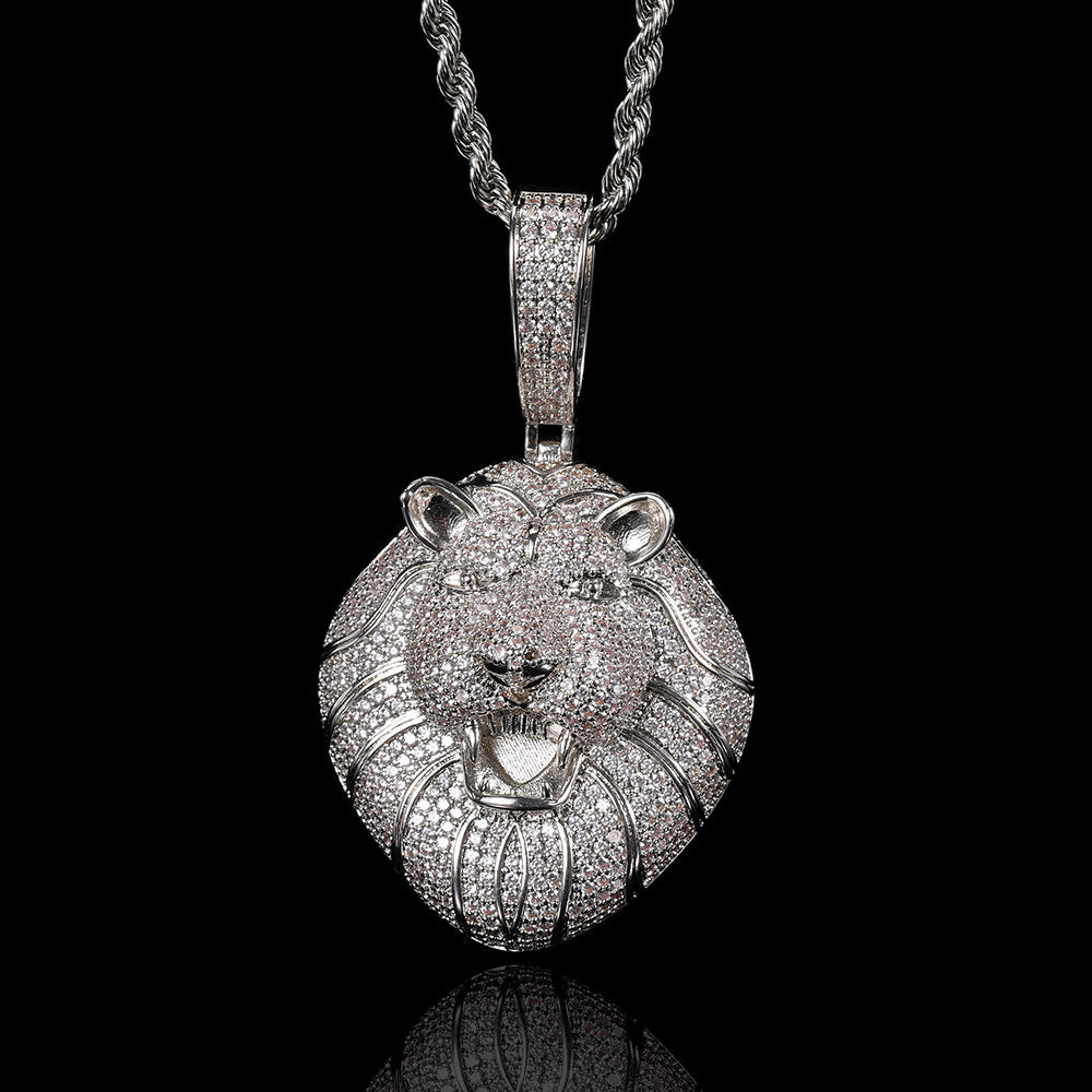 Hip Hop Micro-Set Zircon Solid Lion Head Pendant Real Gold Plating Necklace