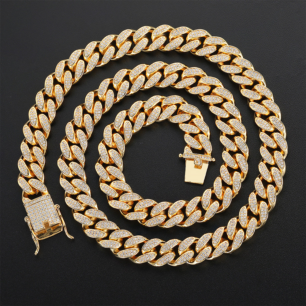 Hip Hop Men's Necklace 12mm Double Row Full Diamond Cuban Chain Bracelet