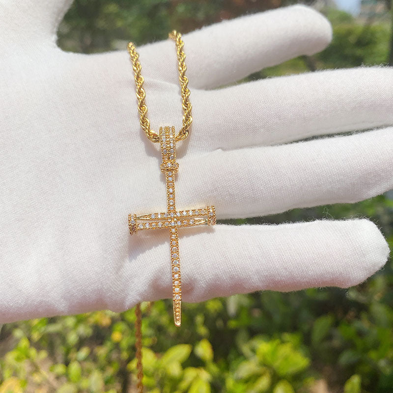 Copper Inlaid Zircon Nail Cross Pendant Hip Hop Necklace