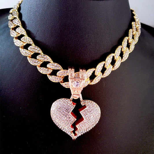 18k Gold Plated Full Diamond Broken Heart Necklace