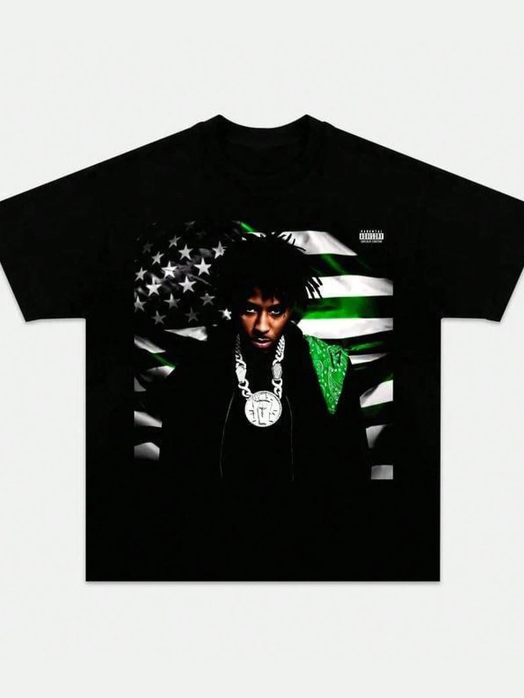 Black t-shirt with graphic design of a person in front of an American flag on a white background