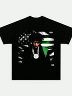 Black t-shirt with graphic design of a person in front of an American flag on a white background