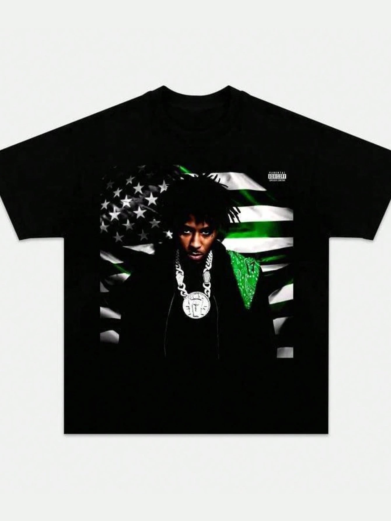 Black t-shirt with graphic design of a person in front of an American flag on a white background