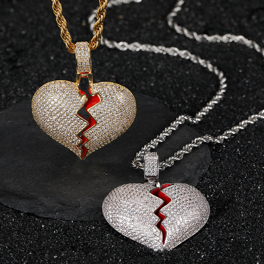 Hip Hop Copper Set Zircon Broken Heart Shape Pendant Real Gold Electroplated Couple Necklace