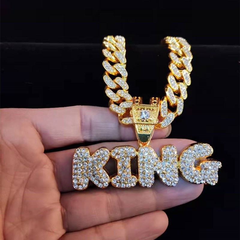 Men Women Hip Hop KING QUEEN Letter Pendant Necklace