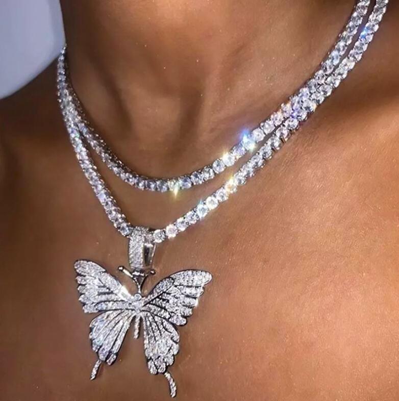 Explosive Rhinestone Butterfly Pendant Necklace Hip-hop Jewelry Tennis Choker Cuban Butterfly Necklace