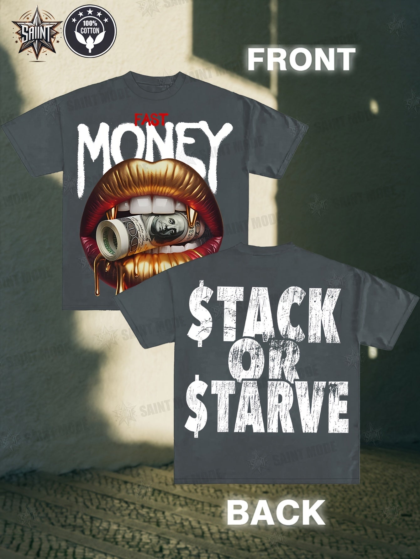 T-shirt with graphic design and text on front and back, displayed against a textured surface.