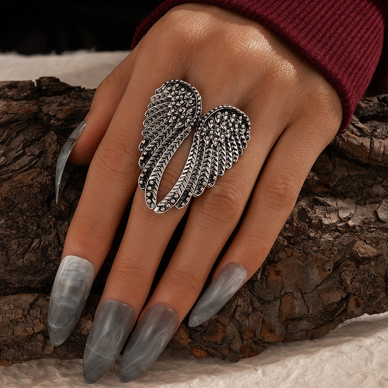 Accessories Retro Punk Hip-hop Style Single Silver Wing Ring Men's And Women's Ring