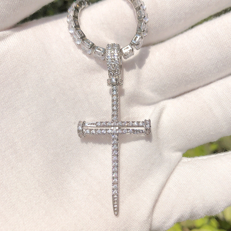 Copper Inlaid Zircon Nail Cross Pendant Hip Hop Necklace